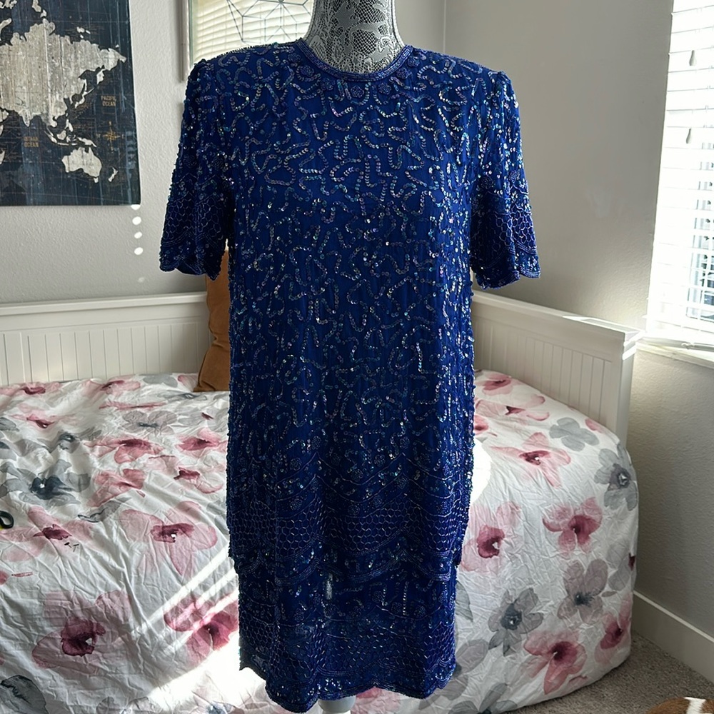 Vintage Blue Silk Sequin Beaded Flapper Midi Dress With Layering & Shoulder Pads